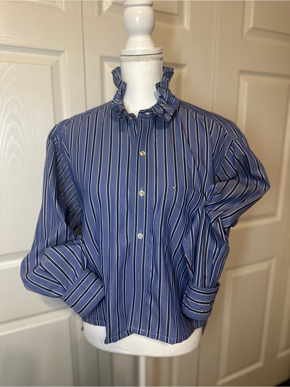 Blue Striped Ruffle Collar blouse